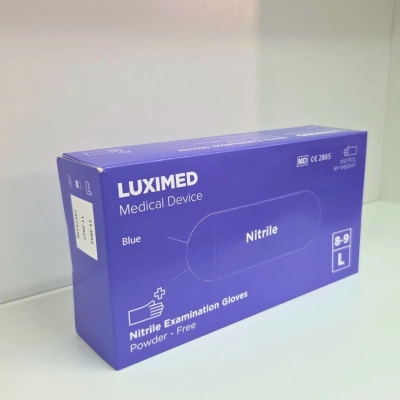 Opakowanie niebieskich rękawic nitrylowych Luximed rozmiar L 100 sztuk.